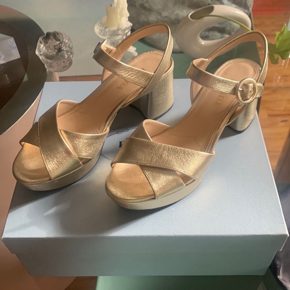 Prada gold metallic chunky heel strappy sandal size 7 1/2